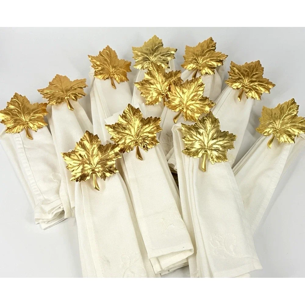 Gold Tone Metal Maple Leaf Napkin Rings 12 Pc Fall Autumn w/ Embroidered Linens